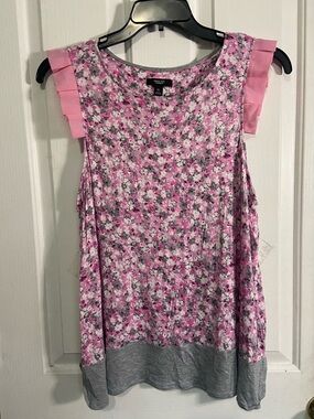 Simply Vera Vera Wang Pink Floral Ruffle-Trim Tank with Gray Hem